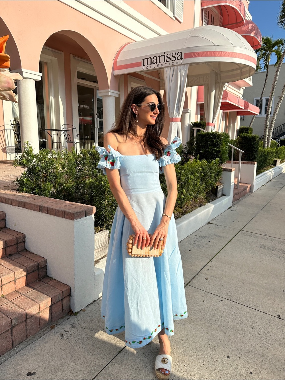 Fanm Mon Light Blue Off-Shoulder Midi Dress with Floral Trim - Picture 2 of 2